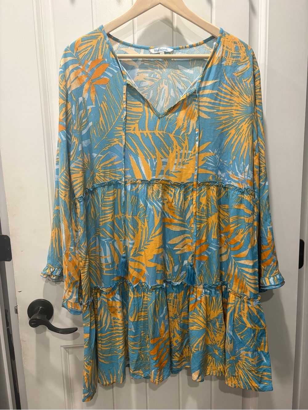 blue island Tropical Tiered Long Sleeve Dress in Teal and orange size large